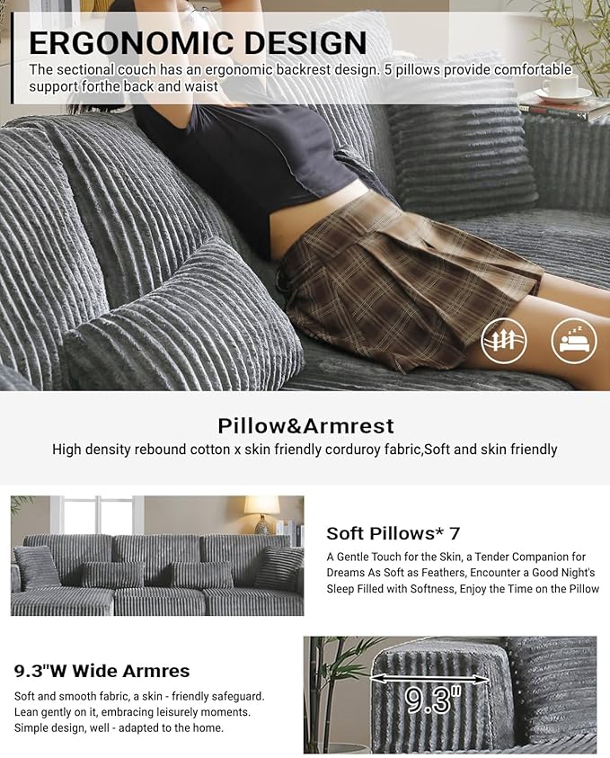 110" Cloud Sectional Couch, Modular Sectional Sofa with Deep Seat, Corduroy Upholstered Boneless Couch for Living Room Bedroom, Left Facing Chaise (Grey, 110" Right Facing Chaise)