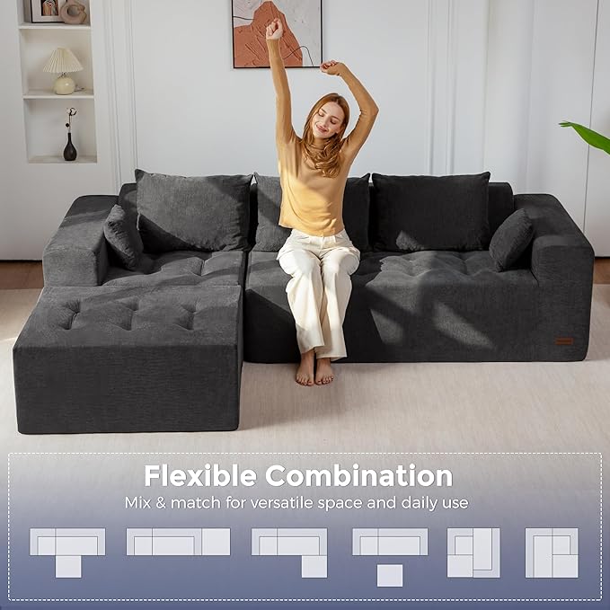 MAXYOYO Modular Sectional Sofa Couch, L Shaped Boneless Cloud Couch with Flexible Ottoman, Chenille Upholstered Living Room Sleeper Sofa Chair for Living Room, No Assembly Required, Dark Grey