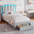 Jocoevol Twin Upholstered LED Bed Frame with Storage Drawer and Adjustable Chic Double Wavy Headboard, Velvet Princess Platform Bed for Girls/Kids, Solid Wood Slats Support, No Box Spring Needed, Grey