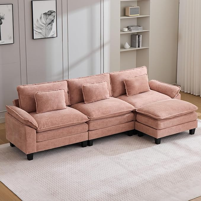 120" Modular Sectional Sofa, Comfy Cloud Couch Sectional Sofa with Ottoman, Chenille Sofa Sleeper Deep Seat Sofa with Throw Pillows for Living Room (Pink, 120"- L Shape)