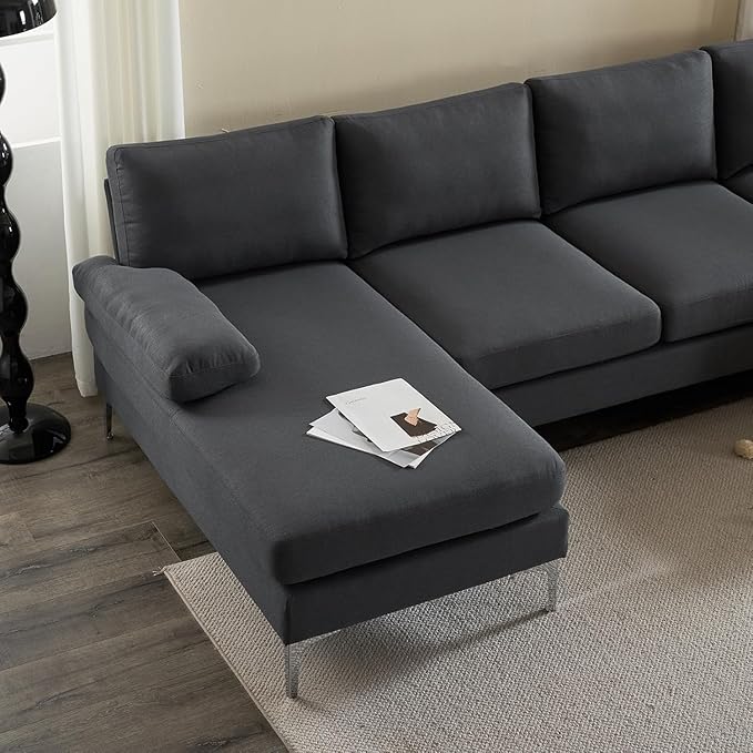 Karl home 110" Sectional Sofa U-Shaped 4-Seat Couch with Chaises Linen Fabric Upholstered for Living Room, Apartment, Office, Dark Gray