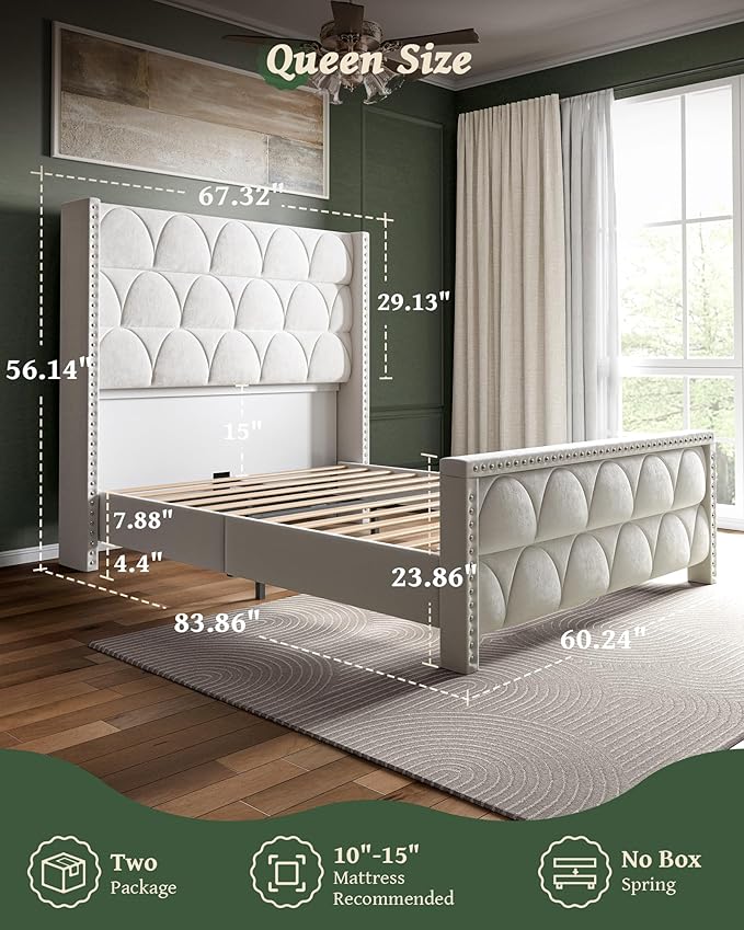 OHOHOLIVE Queen Size Bed Frame with 56" Headboard - Velvet Upholstered Wingback Platform Bed Frame, Noise Free, Sturdy Wooden Slat Support (Cream, Queen)