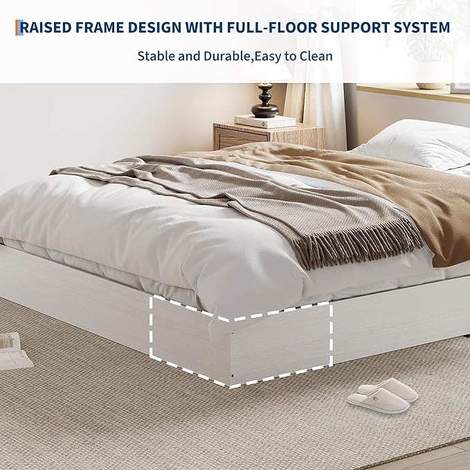 Wood Platform Bed with Sturdy Wooden Slats, Twin Size Floor-Standing Bed Frame, Modern Minimalist Design Space-Saving Bed Frame, No Box Spring Needed, Easy Assembly, White