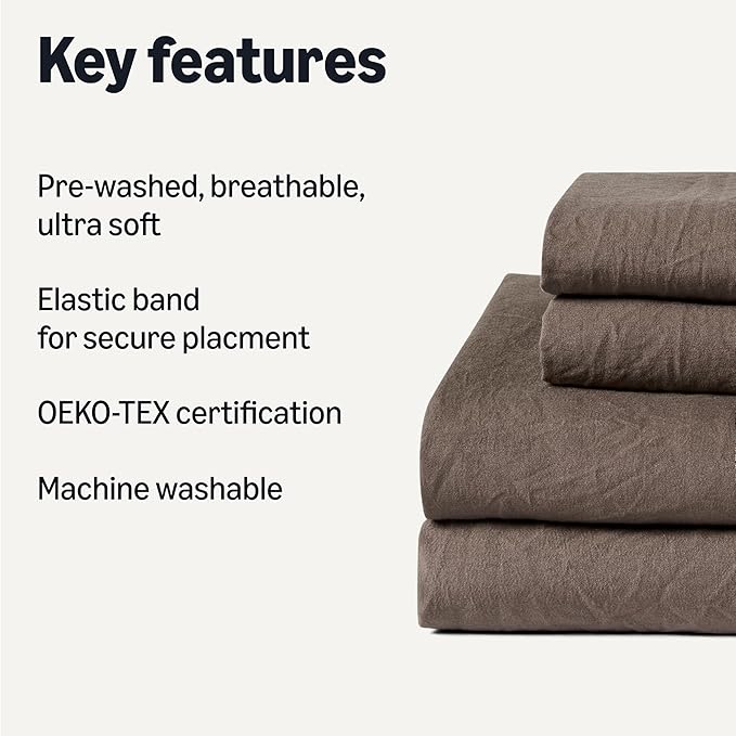 Amazon Basics Queen Bed Sheet, 4-Piece Bedding Set, Double Brushed Microfiber, Ultra Soft, Easy Care, Brown
