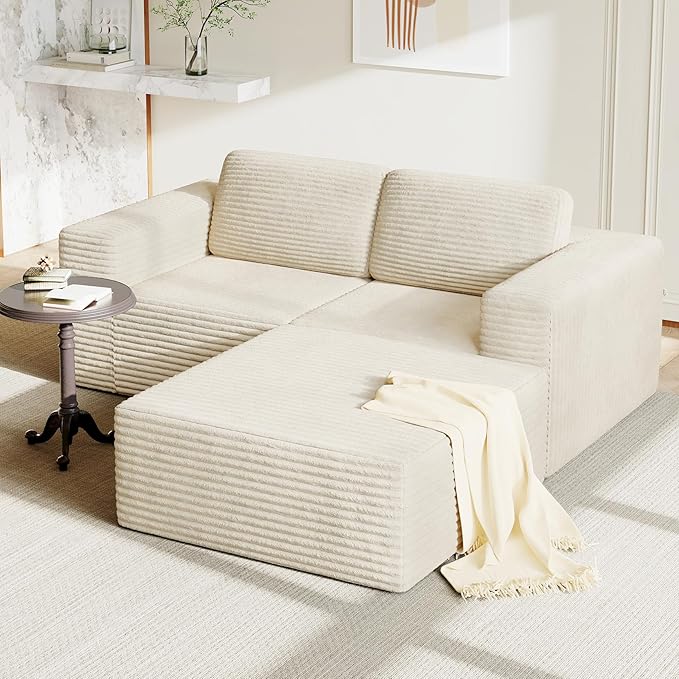Vesgantti 80" Modular Sectional Sofa, Corduroy Cloud Couch with Deep Seats & Spring Support, Compact 2 Seater Boneless Couch, L-Shaped Modular Sofa for Small Spaces, Apartments, No Assembly, Beige