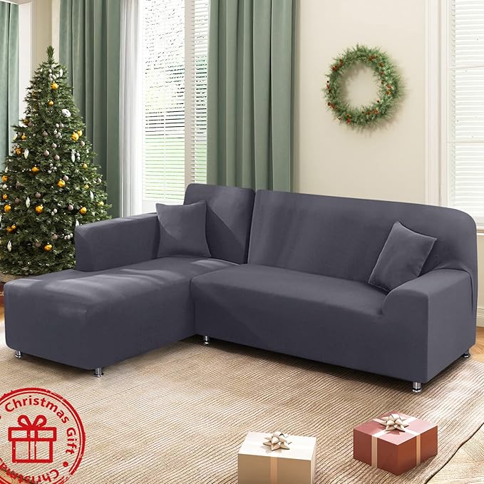 KinCam Sectional Couch Covers L Shape Sofa Covers Super Stretch 2pcs Sofa Slipcovers for 3 + 3 Seaters Sectional Chaise Slipcover with 2pcs Pillow Covers for Pets Kids, Light Grey