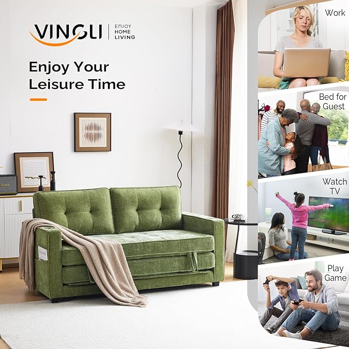 VINGLI Sofa Bed Full Size Pull Out Couch Bed Olive Green Futon Couch 64" W 84" L Loveseat Sleeper Floor Couches for Living Room Convertible Loveseat Sofa Foldable Sofa Bed