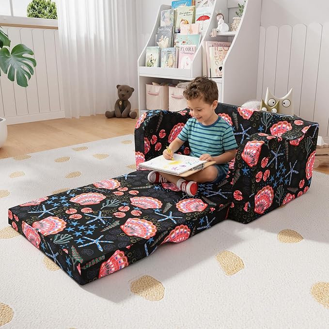MeMoreCool Folding Kids Couch – 2-in-1 Toddler Sofa Bed, Lounge Chair for Ages 1-3, Playroom Furniture with Removable Cover Lightweight & Portable | Washable | Ideal for Naptime or Travel