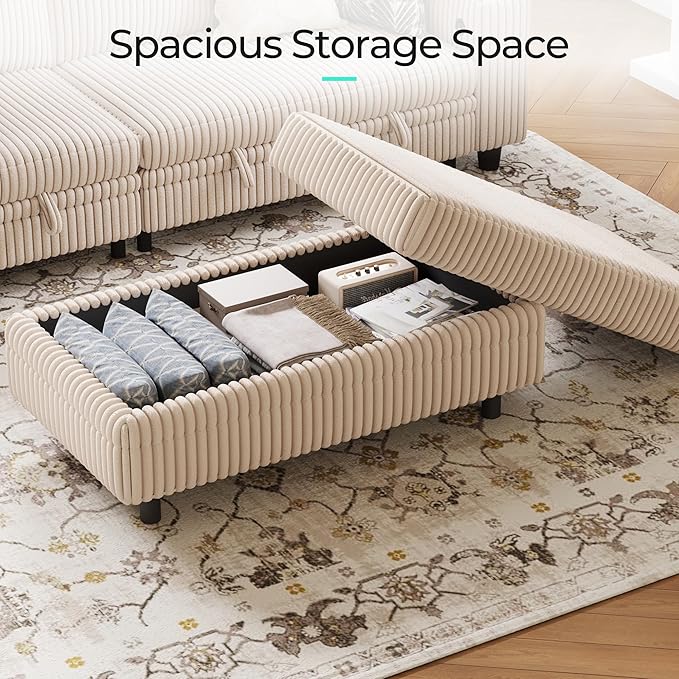 LINSY HOME Sectional Sleeper Sofa - Modular Ottoman Module (Beige, Sleeper Sofa Ottoman) | Storage, Convertible, Coffee Table, Plush Corduroy