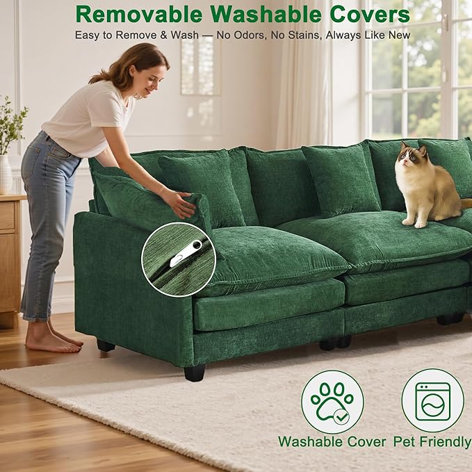 U-Shaped Cloud Chenille Sofa Sectional Couch with 2 Ottomans, 146" Modular Sofa for Large Spaces, Ultimate Comfort with Deep Seats & Pillows, Solid Frame, 1YR Warranty