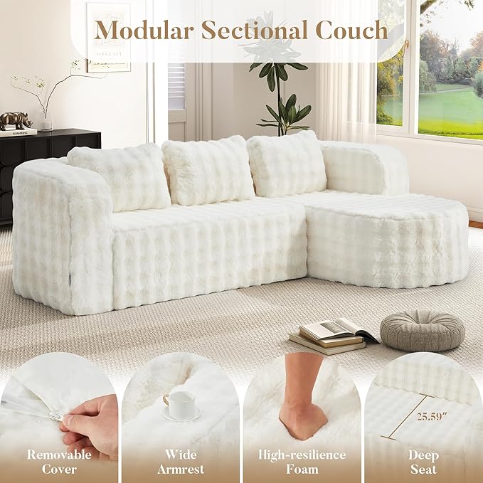 Hobestluk 96" Cloud Sectional Couch Modern Boneless Couch 3 Seater with Oversized Chaise L Shaped Modular Sofa Couches for Living Room Apartment No Assembly Required (Bubble White,Right Facing Chaise)