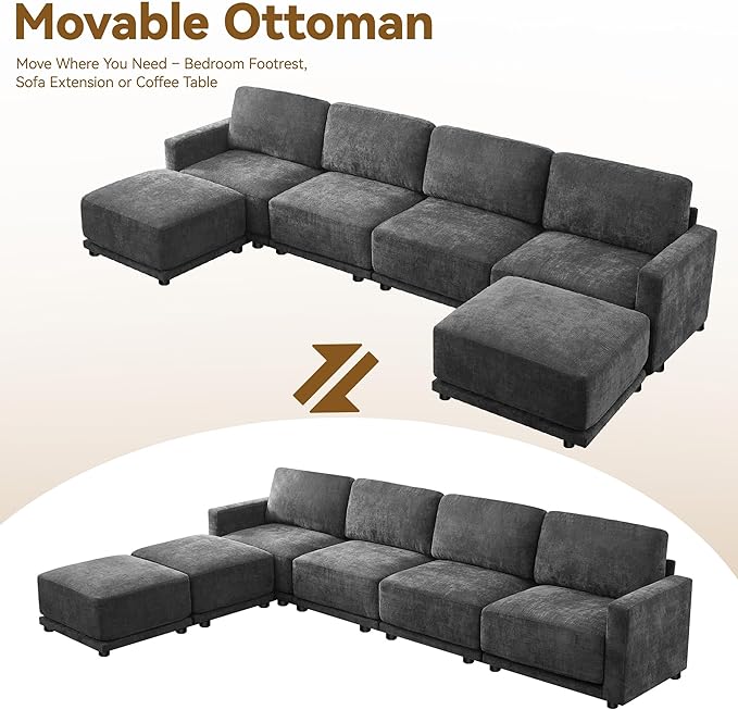 143.8" Modular Sectional Sofa Modern Chenille U Shaped Couch with Thickened Seat Cushions, Easy Assembly, Upholstered 6 Seater Couch with 2 Movable Ottomans for Living Room, Grey