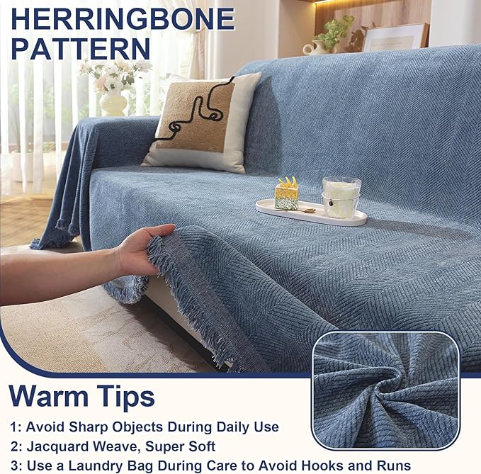 OstepDecor Sectional Couch Covers 2 Pieces, L Shaped Couch Cover Blanket, Sectional Sofa Cover Washable, Chaise Lounge Sofa Slipcovers Pet Furniture Protector for Dogs (71"x118"+91"x134", Blue)