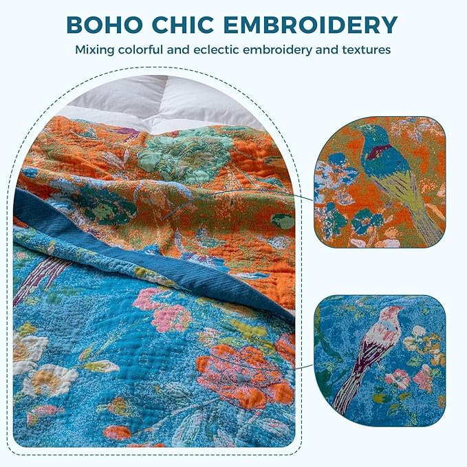 LUTBM Boho Throw Blanket for Bed Cotton Spring Blankets for Bedroom Living Room Twin All Season Lightweight Floral Birds Embroidery Quilt for Couch Sofa Chair 60"x80"