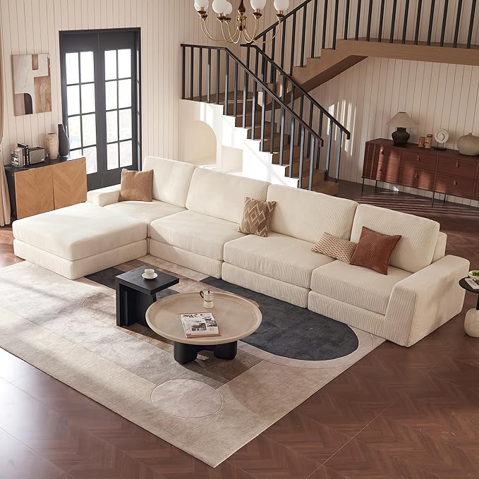 Modular Sectional Boneless Sofa, 160.63" Oversized Modern Cloud Couch Sectional Sofa with L-Shaped Chaise Comfy Corduroy Fluffy Couch with Deep Seat Couches for Living Room Bedroom, White