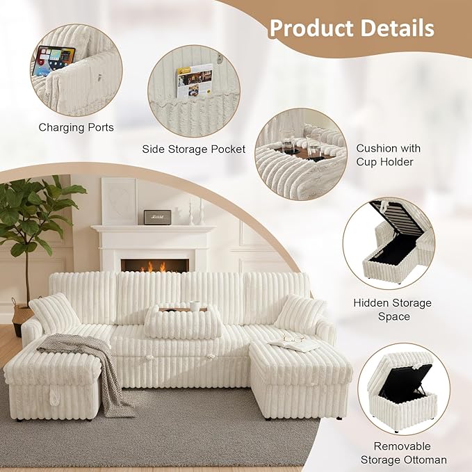 104" U Shaped Sleeper Sofa Bed, Sectional Couches for Living Room, Plush Corduroy Pull Out Couch Bed with Storage, Modular Sectional Couch with Charging Station, Cup Holder, Side Pocket, Beige
