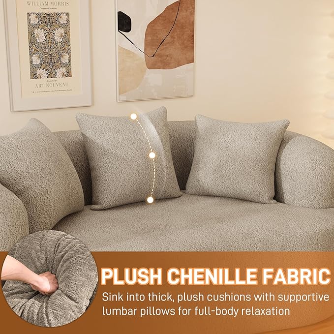 69" Curved Loveseat Sofa for Living Room, Modern Chenille Love Seat Cloud Couch, Luxury Plush Extra Deep Oversized Sofa for Small Spaces, Bedroom, Apartment‌, No Assembly Required, Light Brown