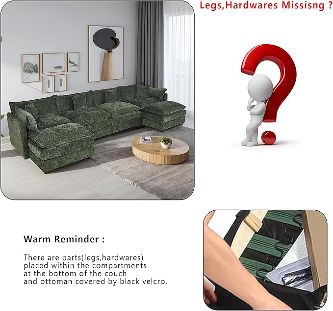 Setawix Deep 4 Seater Couch with Ottomans,147.22" U-Shaped Cloud Couches for Living Room,Chenille Cloud Sofa Couch with Foorest,Modular Sectional U Shape 4 Seat Sofa for Bedroom (Green, 4+2)