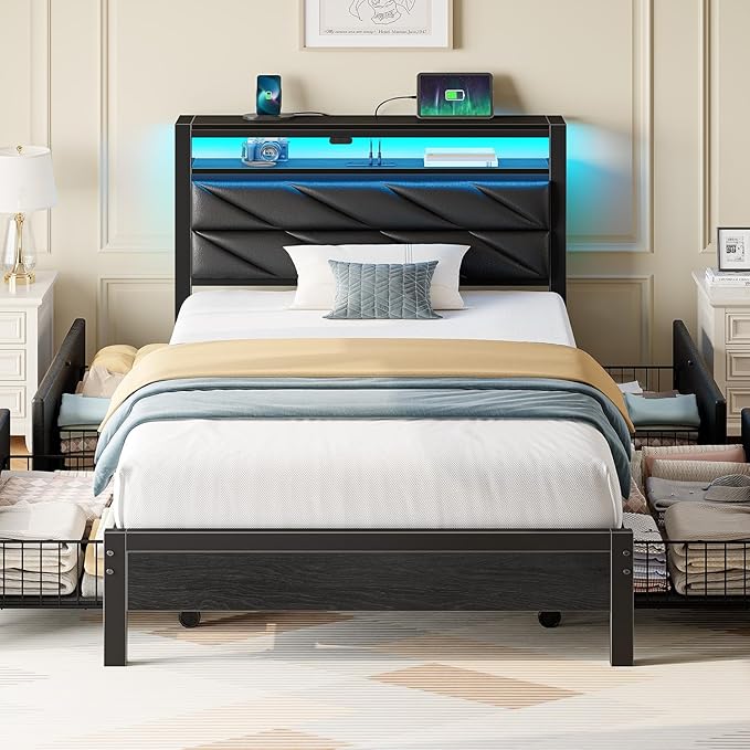 Seventable Twin Bed Frame with 4 Storage Drawers, Charging Station & LED Lights, Upholstered Headboard with 2-Tier Shelves, Metal Platform Bed, No Box Spring Needed, Noise-Free, Black