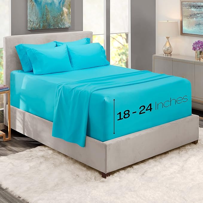 Hearth & Harbor Extra Deep Pocket Sheets - Fits Mattress 18-24 Inches Deep - Extra Deep Pocket California King Size - 6 Piece Cal King Sheets - Cal King, Beach Blue