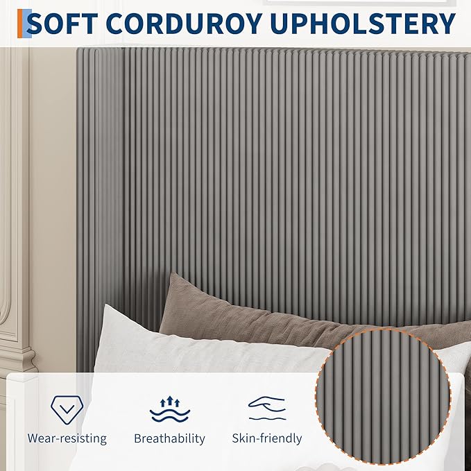 Garvee Bed Frame King Size with 4 Storage Drawer, Bed Frame with Headboard and Corduroy Vertical Channel Tufted Wingback, Sturdy Wooden Slats Support, Noise Free, Grey