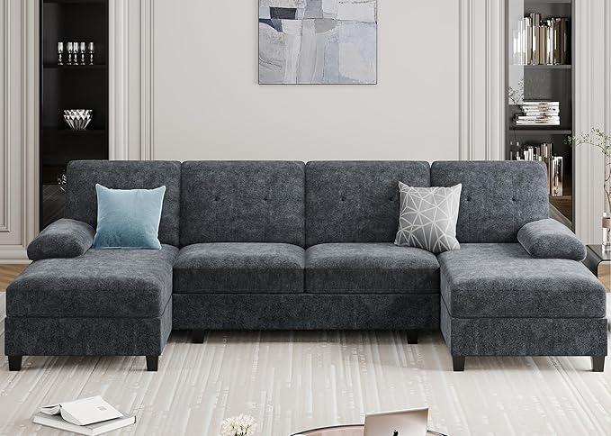 Meilocar Sectional Couches for Living Room, U Shaped Couch 4 Seat Sectional Sofa with Chaise and Armrests, Comfortable Fabric Large Sofa for Apartment (Grey)