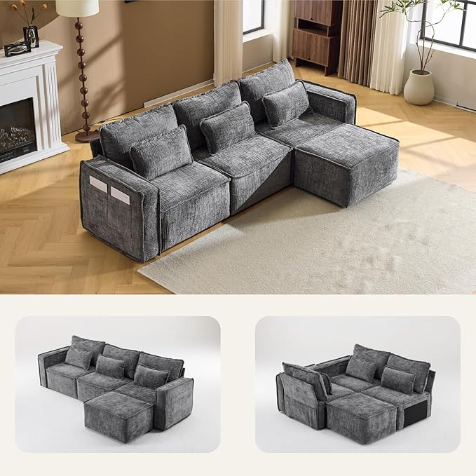 Karl home 110" Cloud Sectional Couches with Moveable Ottoman 3 Seat Boneless Modular Sofa Set L-Shape Convertible Couche with Chenille Upholstery for Living Room, Apartment, Studio, Gray