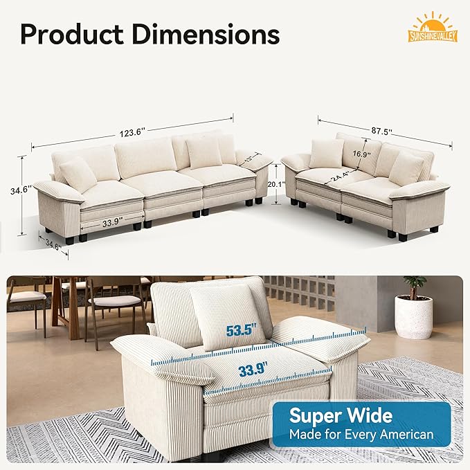 Sofa and Loveseat Set, Oversized Corduroy Modular Love seat and 3-Seat Couch with Pillows, 2 Piece Modern Cloud Sectional Deep Seat Sofa Furniture Set for Living Room, Beige