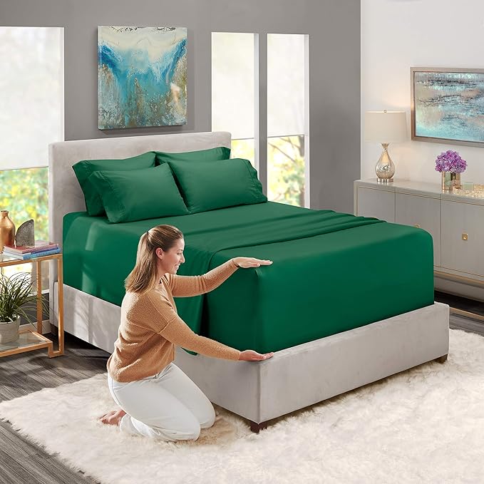 Hearth & Harbor Bed Sheets, Luxury Soft 6 Piece Bed Sheet Set Extra Deep Pocket Fitted Sheets Fits Mattress up to 21", Double Brushed Bedding Sheets & Pillowcases, Cal King, Dark Green