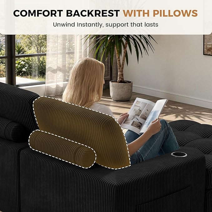 112" L Shaped Cloud Boneless Couch,Modern Modular Sectional Sofa with Layered Cushion,No Assembly Convertible Corduroy Couches for Living Room,Black 1 PCS