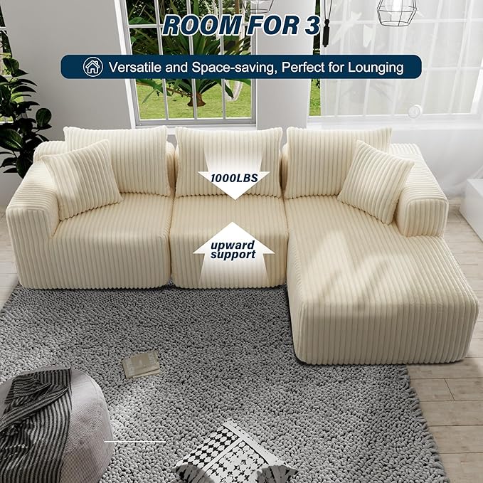 3 Seater L Shaped Sofa with Deep Seat, 101" Cloud Sectional Couch with Chaise, Cozy Modular Couches Sleeper, Oversized Corduroy Sofa for Living Room Bedroom Apartment, Beige