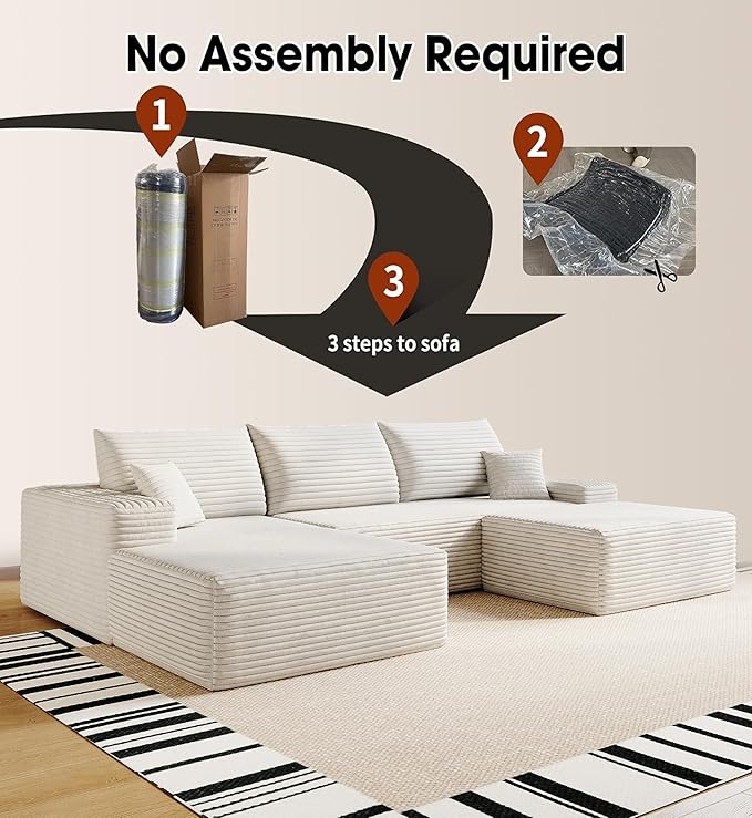 108" Sectional Couches for Living Room Cloud Couch Sofa with L-Shape Upholstered Boneless Couchs Modern Modular Sectional Couch with Chaise (White, 108" Left Facing Chaise+2Seaters+1Ottoman)