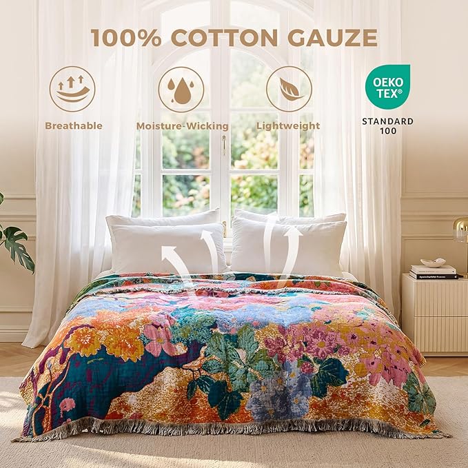 LUTBM Boho Throw Blanket for Bed Cotton Spring Blankets for Bedroom Living Room All Season Lightweight Floral Embroidery Reversible Twin Quilt for Couch Sofa Chair 60"x80" Home Decor