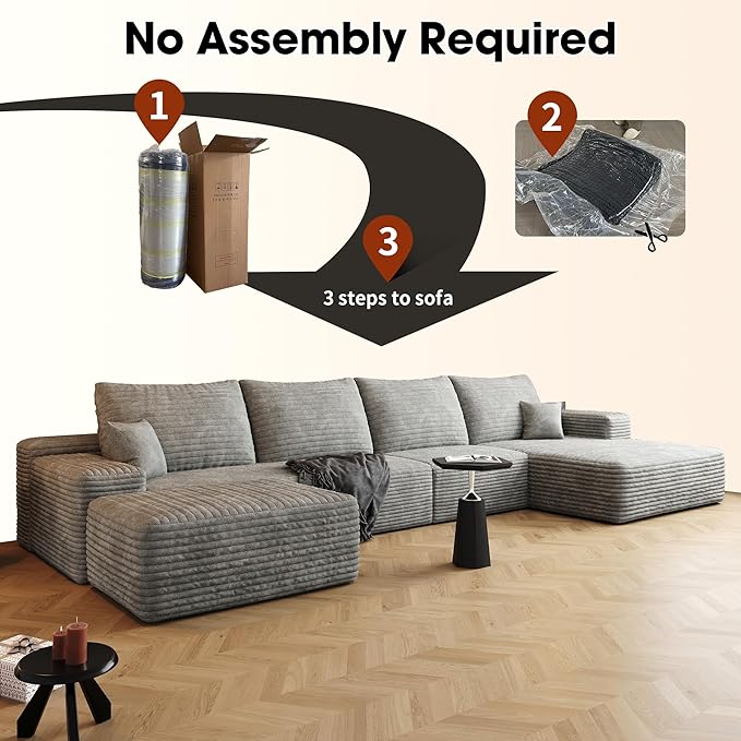 136" Sectional Couches for Living Room Cloud Couch Sofa with L-Shape Upholstered Boneless Couchs Modern Modular Sectional Couch with Chaise (Grey, 136" Right Facing Chaise+3Seaters+Ottoman)