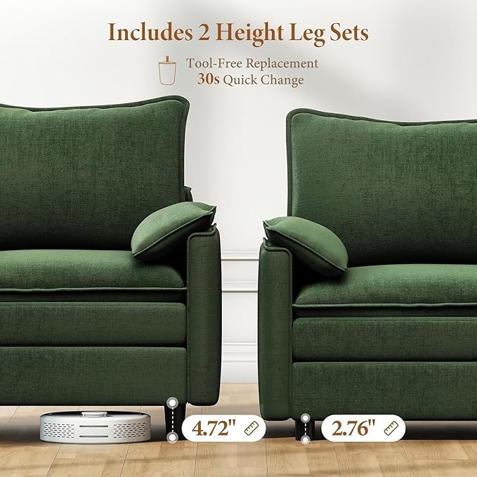 Vesgantti 108" U Shaped Sectional Couch, Comfy Cloud Modular Sectional Sofa with 2 Ottoman Deep Seat Chenille Modern Cloud Sofa, Modular Sofas for Living Room, Bedroom and Apartment, Green