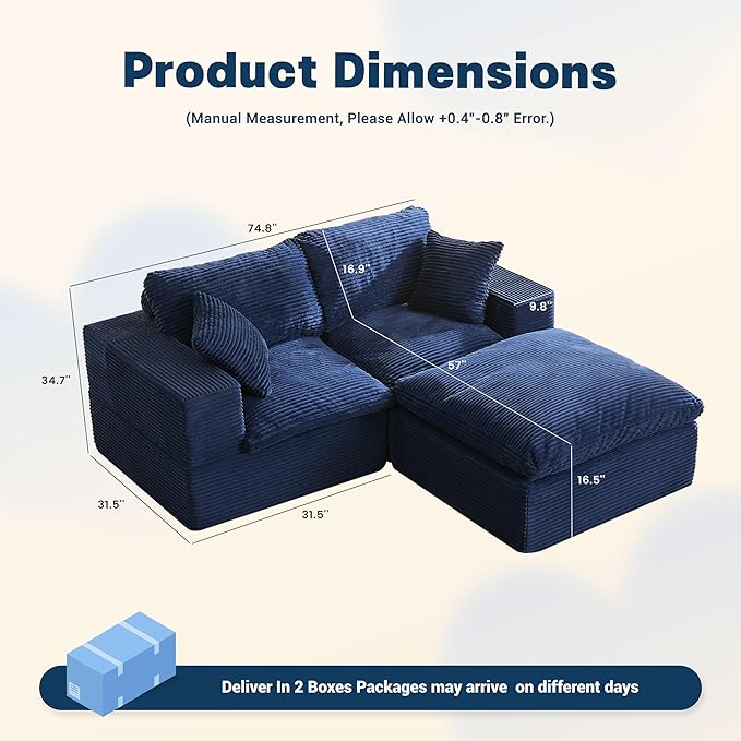 74.8” Set of Cloud Couch, Modular Loveseat Sofa, Convertible Sofas Bed, Deep Seat Sofa, Cozy Sofa for Living Room, Office and Bedroom, L Shaped Cozy Sofa Furniture Set, Corduroy, Blue