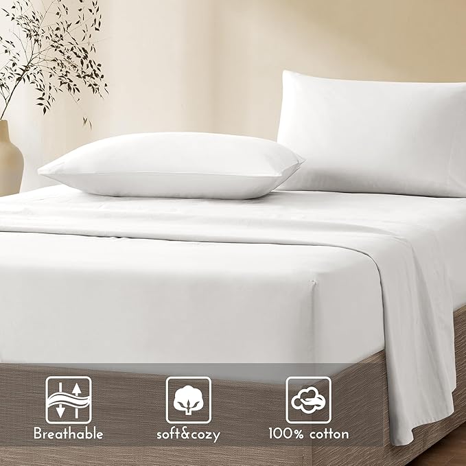 Comfort Spaces 100% Cotton Sheet Set Breathable, Lightweight, Soft with 14" Elastic Pocket Fits up to 16" Mattress, All Season Cozy Bedding, Matching Pillow Case, Queen White 4 Piece
