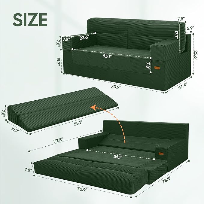 MeMoreCool Boneless Couch Convertible Sofa Bed Queen, Corduroy Futon Couch Sleeper Sofa, Boneless Loveseat Pull Out Couch Bed, Fold Out Floor Sofa for Living Room Bedroom Apartment, Green