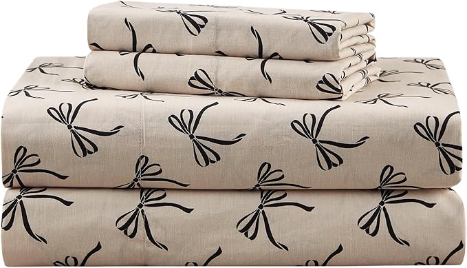 Comfort Spaces 100% Cotton Sheets Twin XL, Breathable, Naturally Cool Cotton Sheets, Cotton Bed Sheets with 12" Elastic Pocket Fits up to 14" Mattress, All Seasons Sheet Set, Bow Black/Taupe 3 Piece