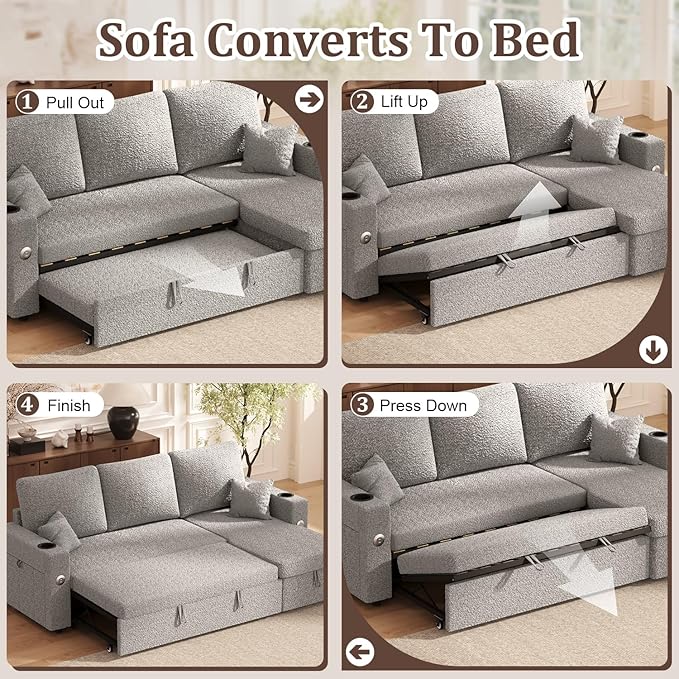 Sleeper Sofa Bed, 4-in-1 Pull Out Couch with Reversible Chaise | Dual USB & Type-C Charging | Dual Cup Holders | Layered Storage (Armrest + Chaise) for Living Room, Apartment, Home Office (Light Gray)