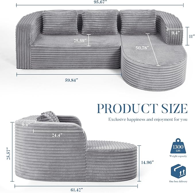 Hobestluk 96" Cloud Sectional Couch Modern Boneless Couch 3 Seater with Oversized Chaise L Shaped Modular Sofa for Living Room Apartment No Assembly Required (Stripe Lightgrey,Right Facing Chaise)