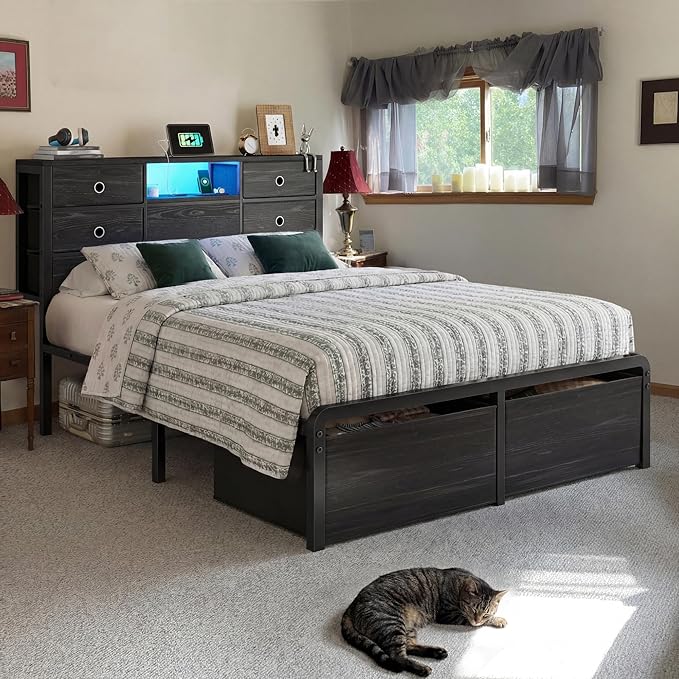 Homkdom Full Size Bed Frame with 8 Fabric Storage Drawers, LED Lights & Charging Station, Metal Platform Bed Frame with Headboard Storage,No-Noise,Easy Assembly,Black