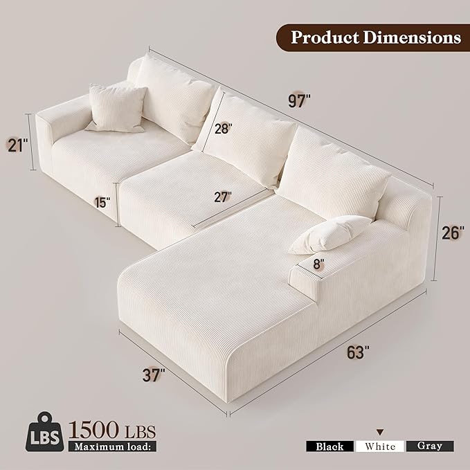97”Modular Sectional Sofa, Cloud Sectional Couch with Deep Seat, Modern Modular L-Shape Sofa Couch, Upholstered Boneless Couches for Living Room Bedroom (White Check, Right Facing Chaise)