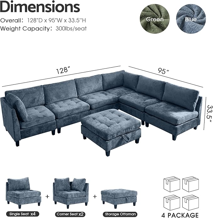 Luxe Oversized Modular Sectional Sofa, Modern Chenille Convertible Sleeper Sofa with Storage Ottoman, Comfy Deep Seat U-Shaped Cloud Couch for Living Room（Blue，6-Seater + 1*Ottoman）