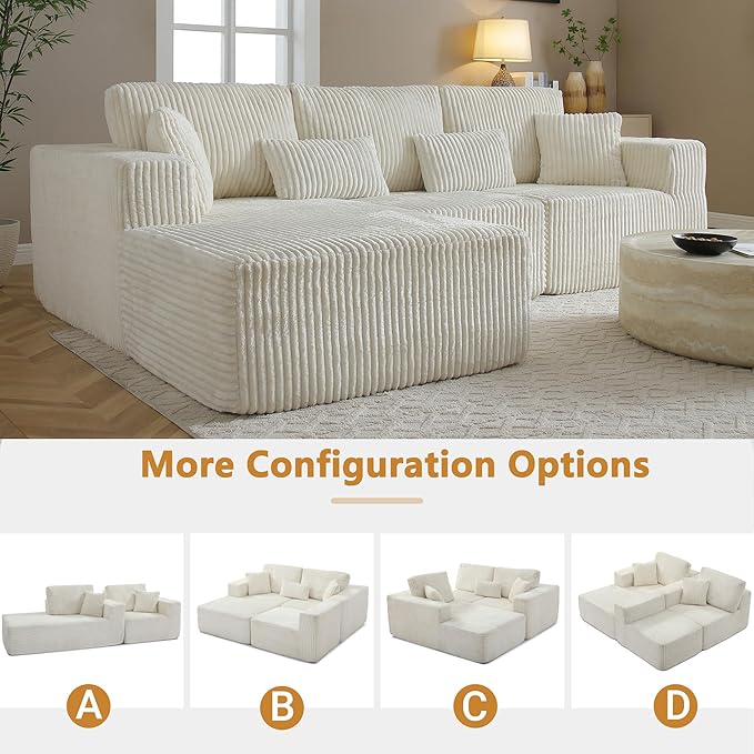 110" Cloud Sectional Couch, Modular Sectional Sofa with Deep Seat, Corduroy Upholstered Boneless Couch for Living Room Bedroom, Left Facing Chaise (Beige, 110" Right Facing Chaise)
