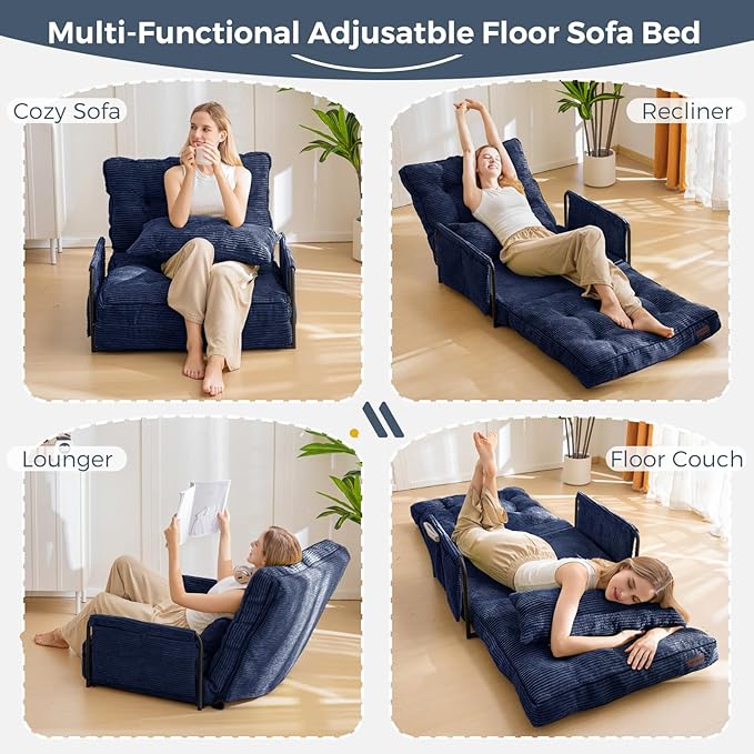 MAXYOYO Adjustable Floor Sofa Couch with Pillow, Multi-Functional Bean Bag Bed, 5-Position Foldable Lazy Sofa Sleeper Bed with Armrest, Versatile Floor Seating for Reading Gaming, Navy, Single