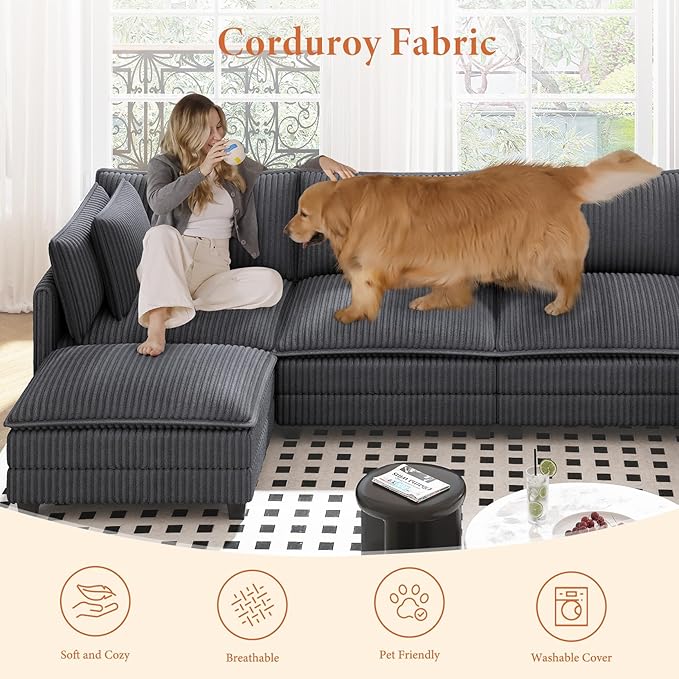 Vesgantti 143" U Shaped Modular Sectional Couch, Comfy Corduroy Upholstered Cloud Sofas for Living Room, Modern 4 Seater Sofa with 2 Movable Ottoman & Throw Pillows, Charcoal Grey