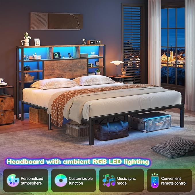 Homkdom Queen Bed Frame with Storage Headboard, LED Lights & Charging Station Heavy Duty Metal Platform Bed for Bedrooms, 1100 LBS Capacity, No Box Spring Needed, Easy Assembly,Vintage Brown