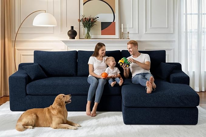 HABUTWAY 101'' Modular Sectional Sofa, Cloud Sectional Couches for Living Room, Comfy Boneless Couch with Deep Seat, Modern L-Shape Sofa with Chaise, No Assembly Required (Blue, Right Facing Chaise)