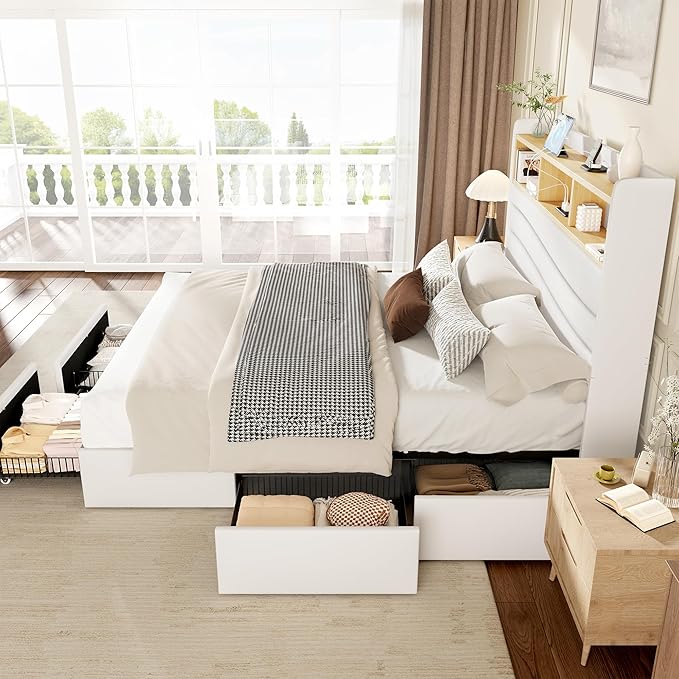 BRELTAM King Size Bed Frame with 6 Storage Drawers, Linen Upholstered Platform Bed with Charging Station,2-Tier Wave-Shaped Headboard Design,No Box Spring Needed,Easy Assembly,White